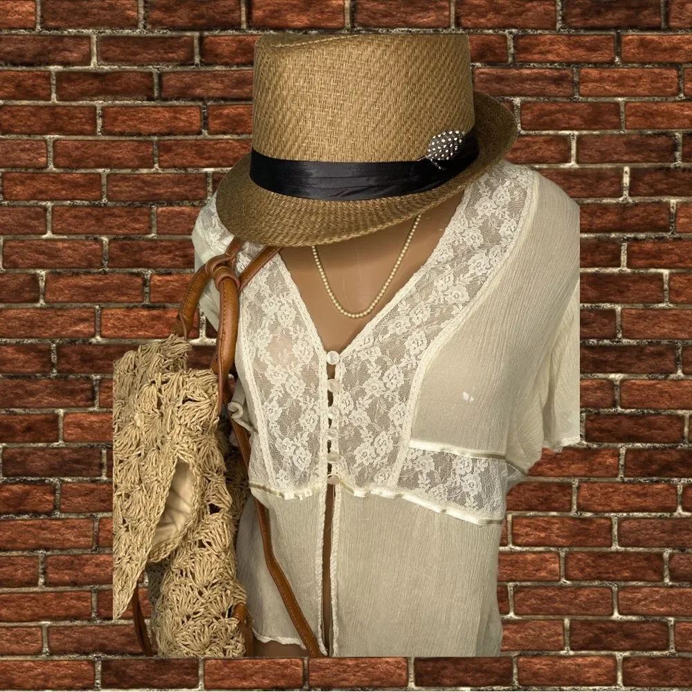Free People Cream Lace Trim Button-Front Blouse